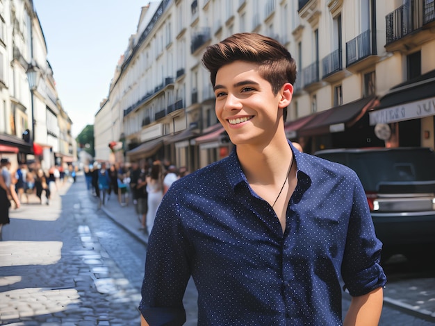 Photo young handsome teenage boy man in shirt in dots city background copy space generative ai