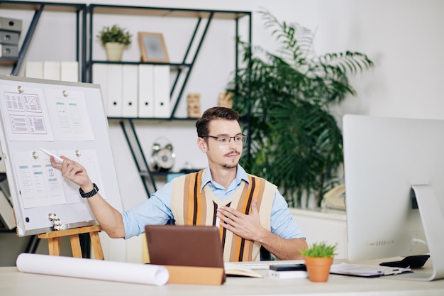 Young handsome UI designer pointing at mobile app interface mockups on whiteboard when having online meeting with colleagues