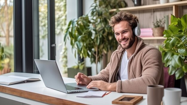 young happily working on laptop