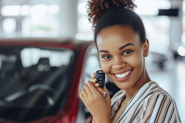 Young happy African American saleswoman holding key of new car in showroom and looking at camera