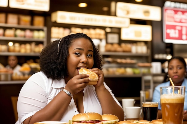 写真 幸せな若いアフリカ系アメリカ人女性はカフェフードをたくさん食べます 肥満とファストフードの概念