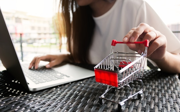 Young happy asian woman online shopping on laptop