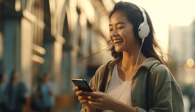 young happy asian woman wearing earphones holding