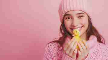 Photo a young happy attractive woman is shown in the photo playing a little yellow duck against a pink background generative ai