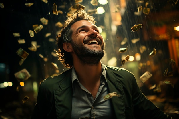 Young happy bearded man in gold suit with rain and confetti at the night clubgenerative ai