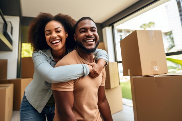 写真 引っ越し後の新しい家にいる若い幸せな黒人夫婦 新しいアパートに引っ越した後、箱を開梱する 新しい住宅所有者 住宅ローン 賃貸物件