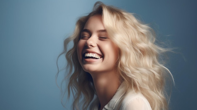 Молодая счастливая блондинка на голубом фоне Generative AI