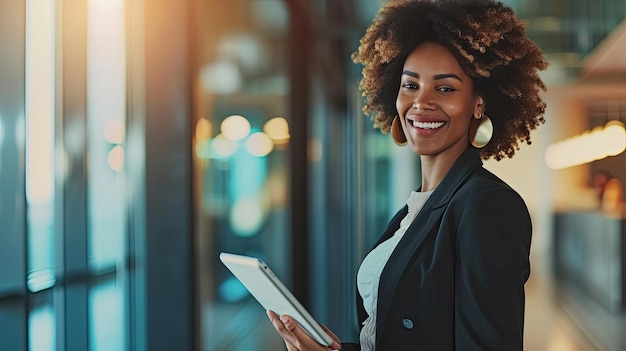 Young happy business woman working with tablet in corporate office