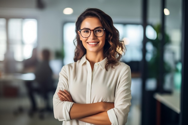 Young happy business woman working