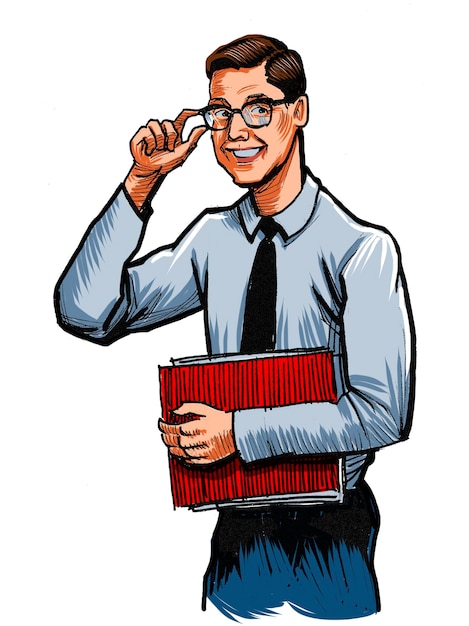 young happy businessman handdrawn ink on paper and hand colored on tablet