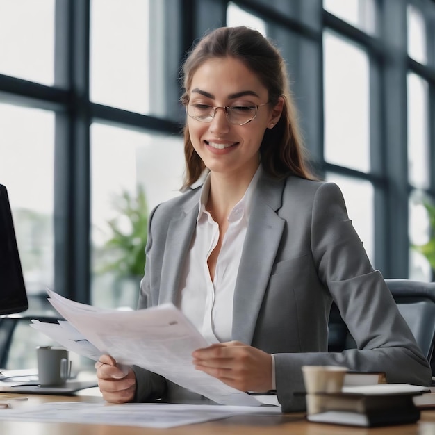 Young happy businesswoman reading reports while going through paperwork and working with a colleague