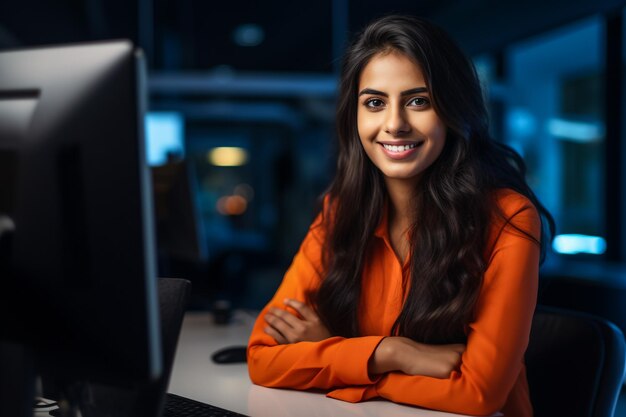 Young Happy Businesswoman Using Computer in Modern Office with Colleagues Stylish Beautiful Manager