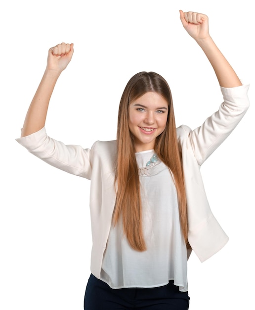 Photo young happy businesswoman with arms up