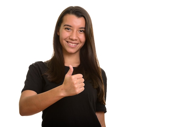 Young happy Caucasian woman smiling and giving thumb up isolated on white