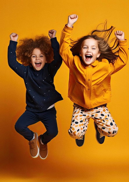 Young happy children with joy jumping in the air against a bright colorful background