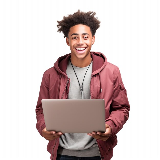 Foto giovane felice cool afroamericano adolescente studente ragazzo che tiene il portatile usando sfondo bianco ai