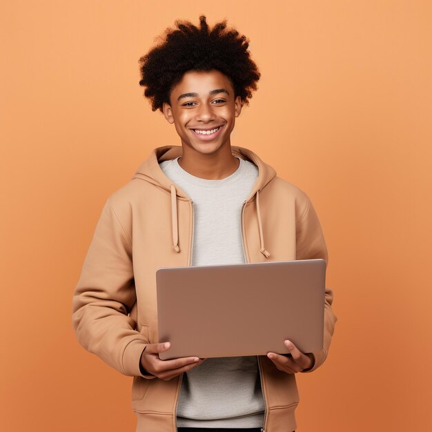 Young happy cool African American teenager student boy holding laptop using with generative Ai