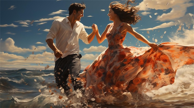 Молодая счастливая пара танцует на пляже на ветру любовь и романтика концепция