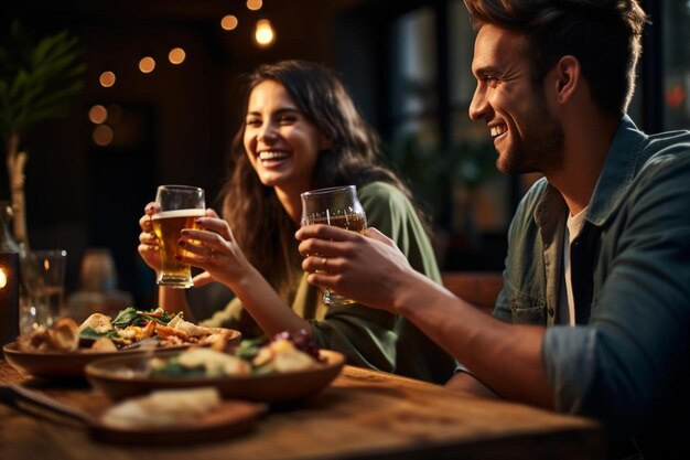 Foto giovane coppia felice che mangia con gli amici al tavolo da pranzo e fa un brindisi con bottiglie di birra