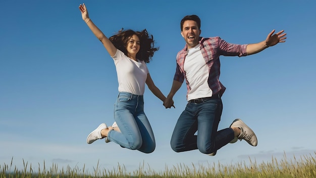 Young happy couple jumping and smiling