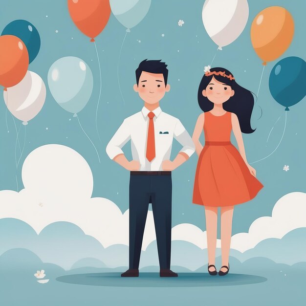 Молодая счастливая пара влюбленная в воздушные шары Молодая счастливая пара влюбленная в воздушные шары иллюстрация