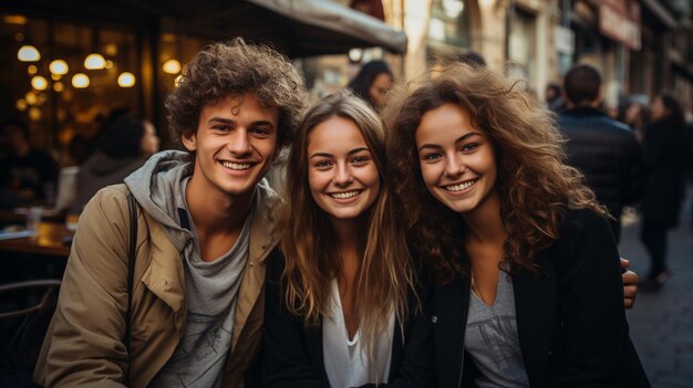 young happy couple posing in city