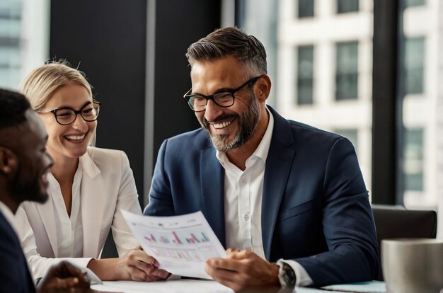 Photo young happy couple reading a contract while communicating with african american insurance