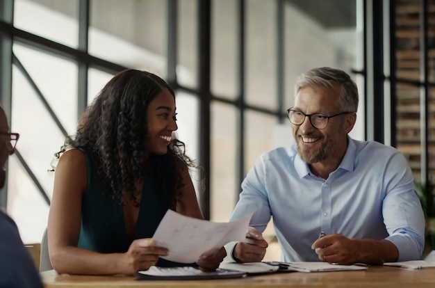 Photo young happy couple reading a contract while communicating with african american insurance