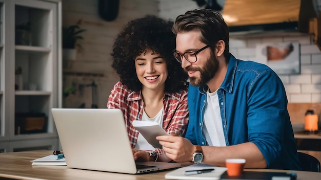 Young happy couple reading an email on laptop at home