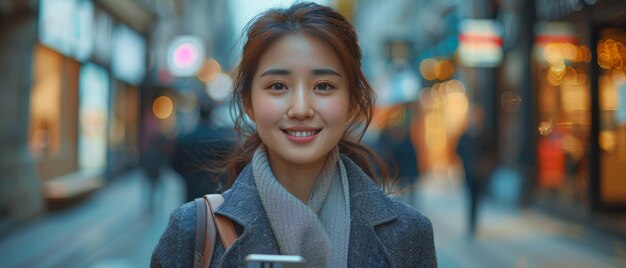 옷을 입은 행복하고 우아한 젊은 아시아 여성 지도자가 대도시에서 스마트폰을 들고 거리를 고 휴대전화에 응용 프로그램을 사용합니다.