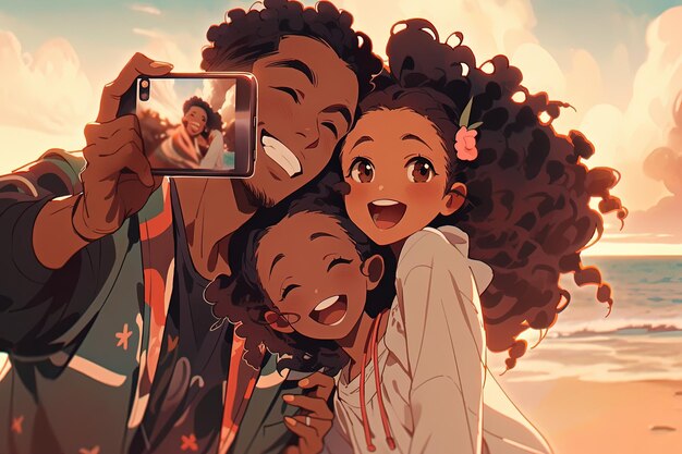 Photo young happy family outdoors at the beach take a selfie by camera kissing their daughter manga illustration generative ai