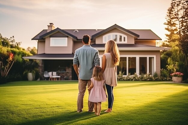 若い幸せな家族が芝生の上に立ち、購入した家を眺める 家を買う喜び 新しい住宅所有者 住宅ローン 不動産賃貸