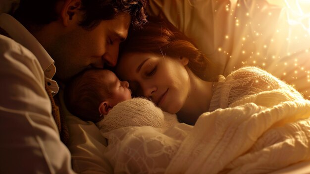 새로 태어난 아기와 함께 집에서 침대에서 잠자는 젊은 행복한 가족