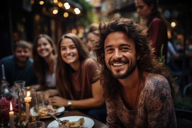 Young happy friends in celebrating birthday in a restaurant or pub