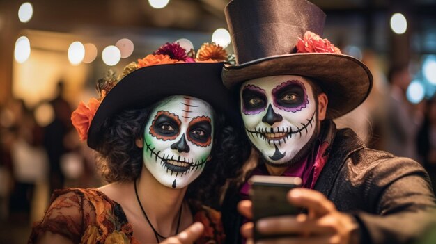 Young happy friends wearing halloween costumes having fun at party in nightclub with scary faces