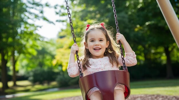 Young happy girl riding on a swing in the park