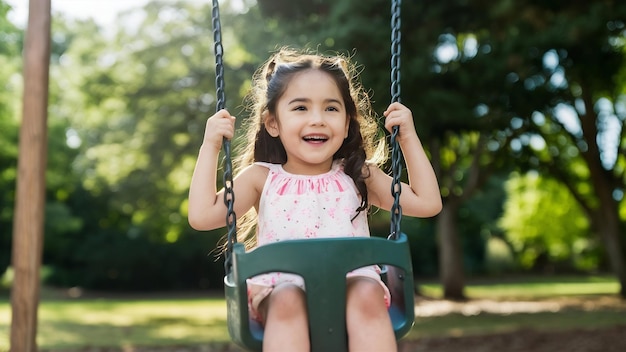 Young happy girl riding on a swing in the park