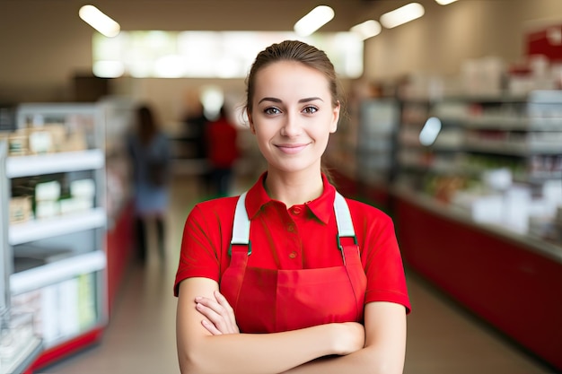 Молодая счастливая девушка-продавец на фоне полок продуктовых магазинов в зале супермаркета