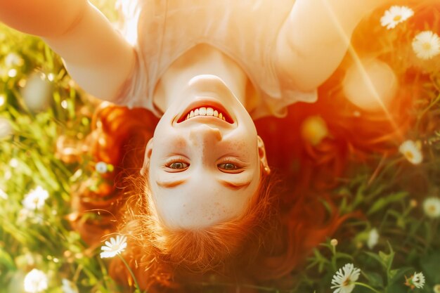 Young happy girl with long red hair lies upsidedown in field her face alight with a broad smile