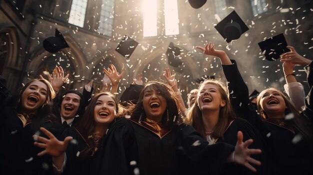 Фото Молодые счастливые выпускники празднуют, поднимая свои шапки в воздухе, нося черные платья.