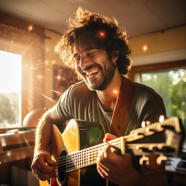 a young happy guitarist playing guitar