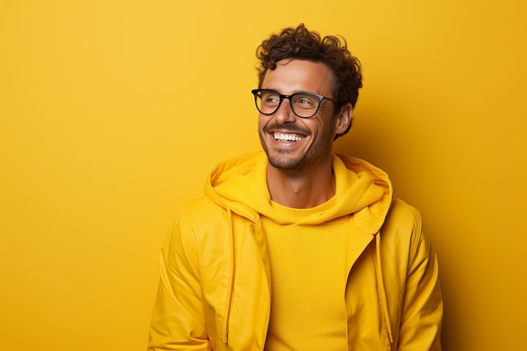 Photo a young happy handsome men portrait yellow background model