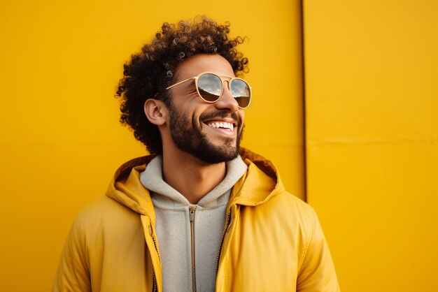 Photo a young happy handsome men portrait yellow background model