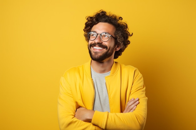 Photo a young happy handsome men portrait yellow background model