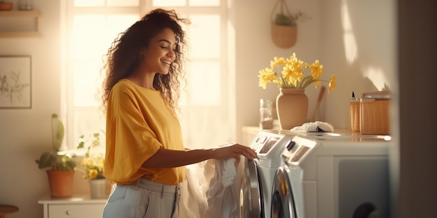 洗濯機に服を入れて家事をしている若い幸せな主婦