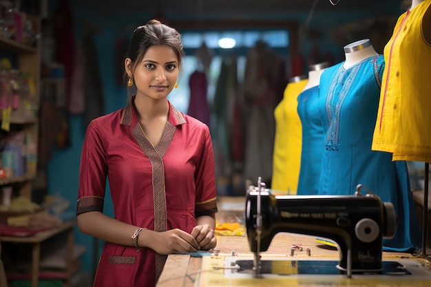 Young happy Indian asian woman fashion designer tailor standing with crossed arms at design studio