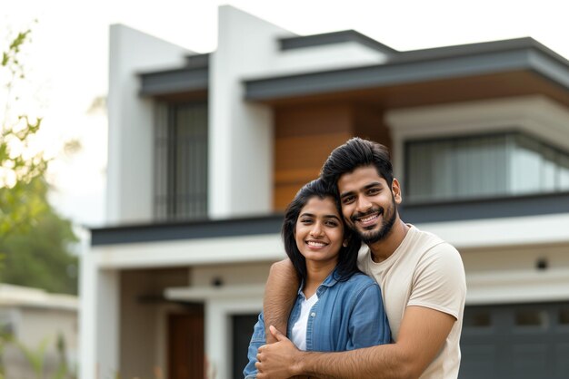 Young happy Indian couple 20 in front of their new home Concept of renting mortgage social housing