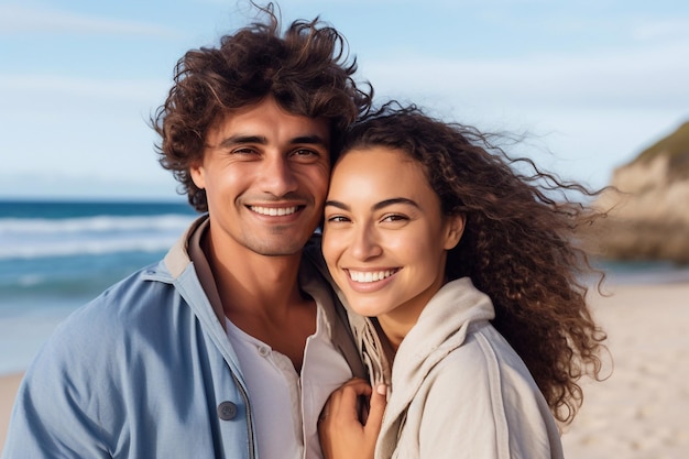 Young happy interracial couple walking on the beach smiling holding each other