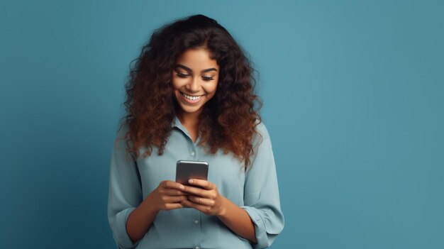 Young happy Latin woman holding mobile phone pointing isolated on blue background generative Ai