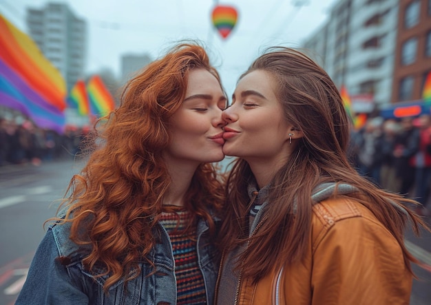 Photo young happy lesbian couple kissing on lgbtq party on the streetmacroai generative